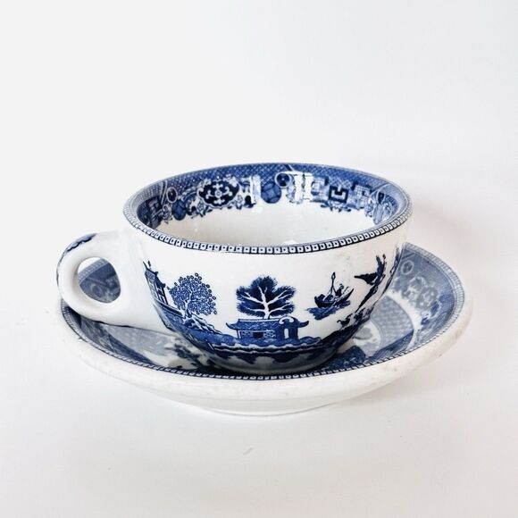 Vintage 40s Buffalo China Blue Willow Coffee Cup & Saucer Restaurant Ware China - Picture 1 of 14